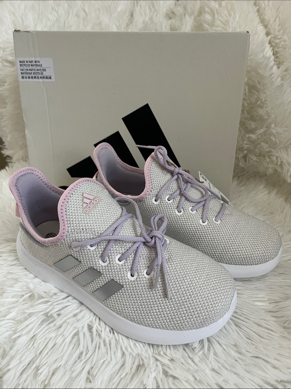 adidas Kids Light Gray and Pink Lace-Up Cloudfoam Sneakers